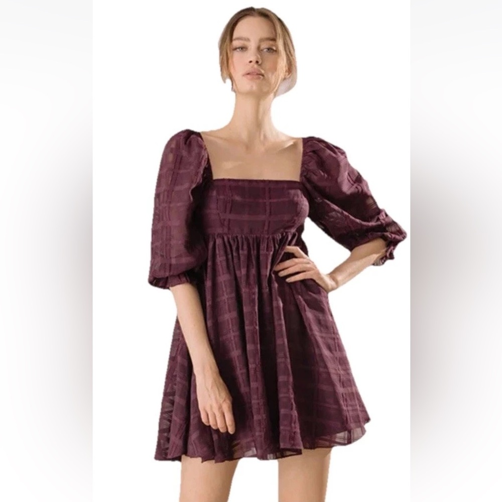 Storia Women’s S Monochromatic Plaid Babydoll Mini Dress Puff Sleeve Fairytale